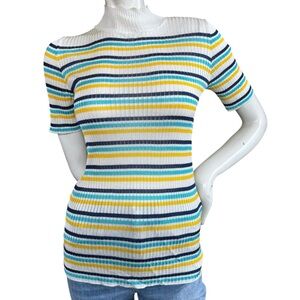 A.P.C. White Yellow & Blue Mockneck 3/4 Sleeve Ribbed Turtleneck Sweater Small